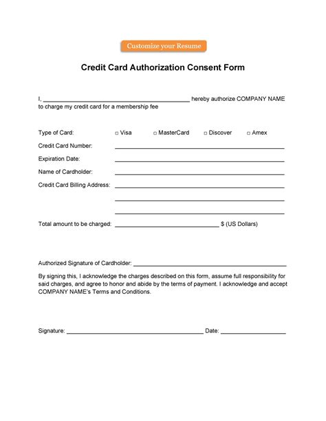 Authorization To Charge Credit Card Template