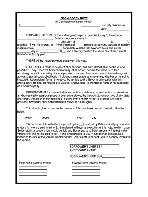 Auto Promissory Note Template