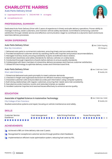 Auto Parts Delivery Driver Resume Sample