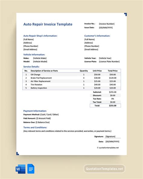 Auto Repair Invoice Template Word | invoice example