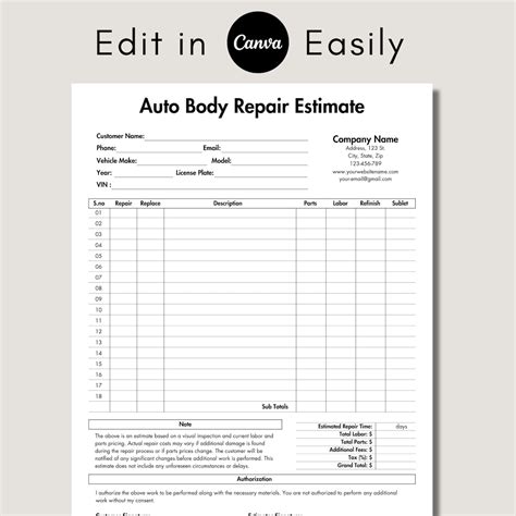 Autobody Estimates Templats Free Printable