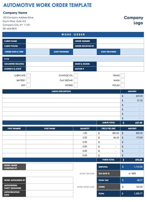 Auto Shop Work Order Templates at