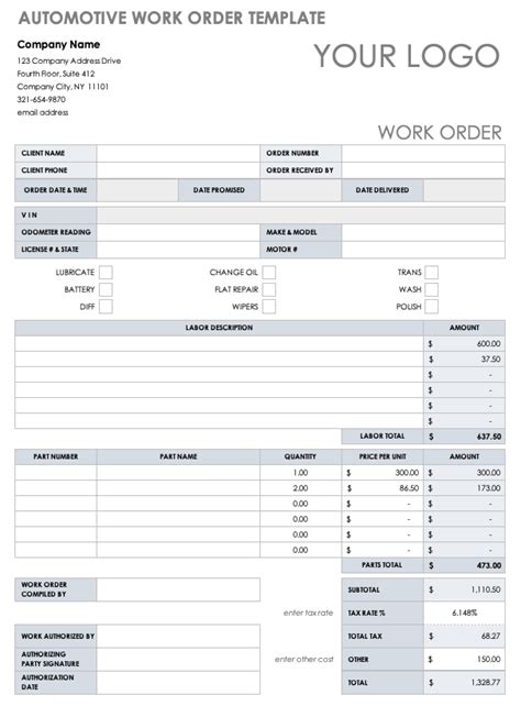 Automotive Work Order Template Excel