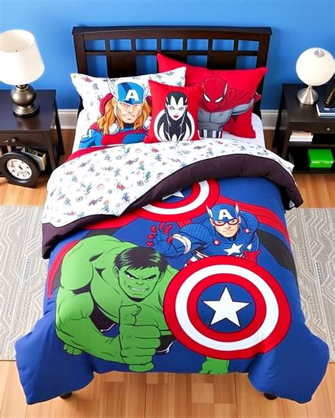 Image of Avengers themed bedsheets and pillows 