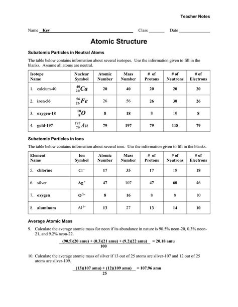 Average Atomic Mass Worksheet Answer Key - Calculating Relative Atomic