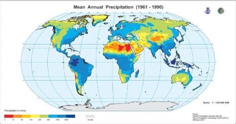 World annual average rainfall (a), maximum temperature (b), and minimum