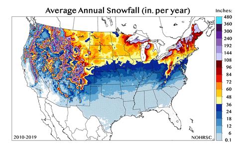 Average Annual Snowfall Map For The United States of America (Inches
