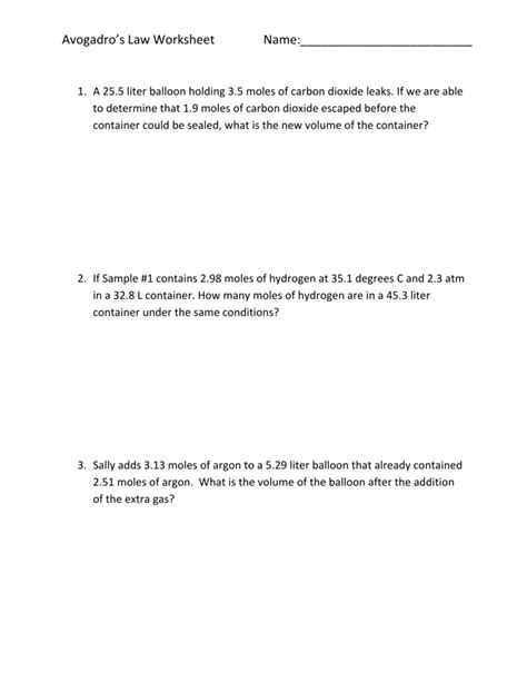 Avogadros Law Worksheet With Answers