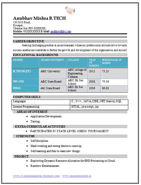 B Tech Freshers Resume Format