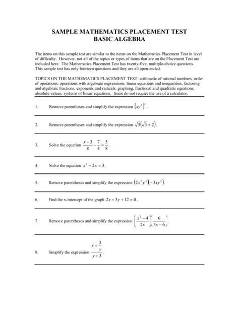 Back To School Math Placement Test Printable