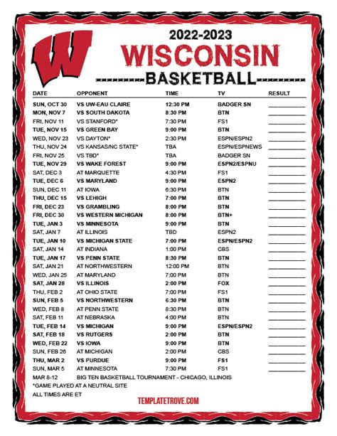 Badgers Basketball Schedule Printable