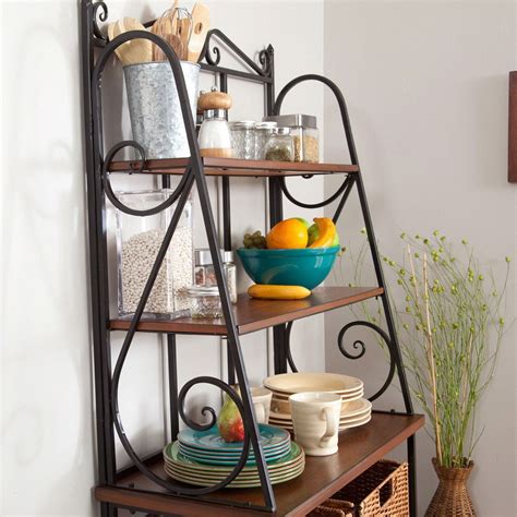 Wrought Iron Top 47inch Bakers Rack in Heritage Oak Wood Finish