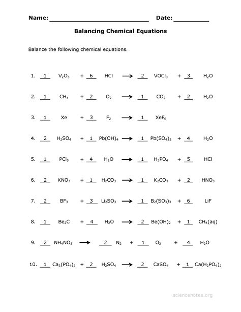Balancing Chemical Equations Worksheet And Answer Key