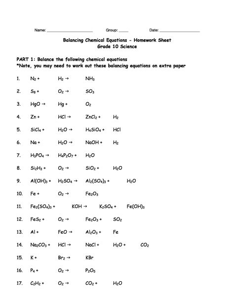 Balancing Chemical Equations Worksheet Answer Sheet