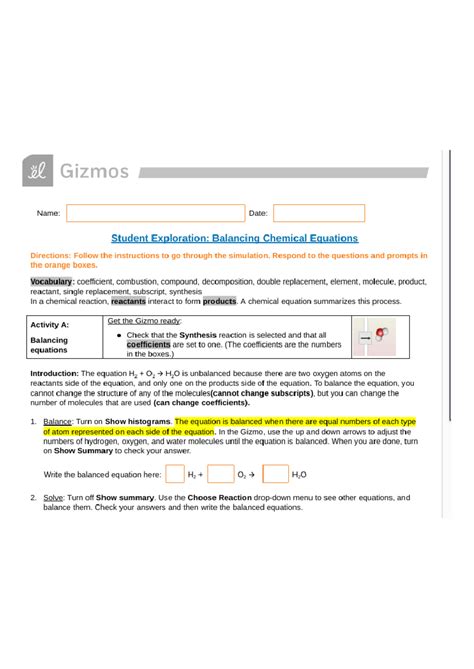Unlock Your Inner Chemist: Mastering Balancing Chemical Equations with Gizmo Worksheet Answers