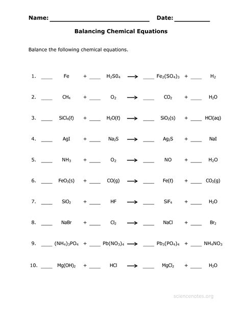 Balancing Easy Chemical Equations Worksheet