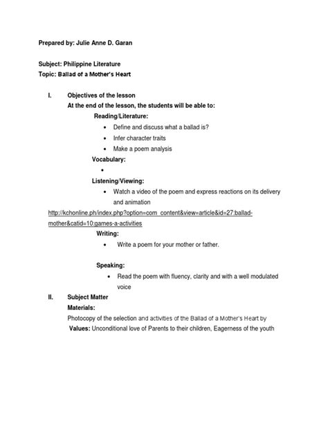 Ballad Of A Mother s Heart Lesson Plan Pdf