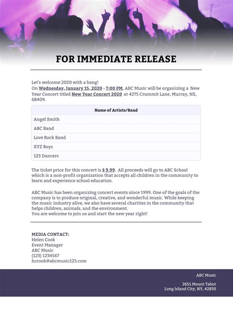Band Press Release Template