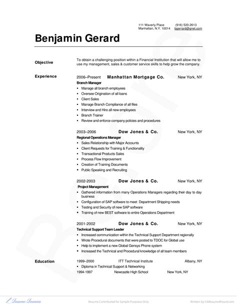 Bank Branch Manager Resume