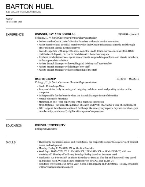 Bank Customer Service Representative Resume