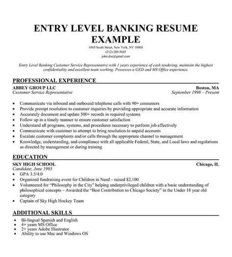 Banking Resume Sample Entry Level