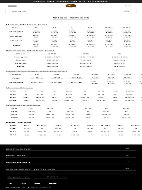 Bape Clothing Size Chart