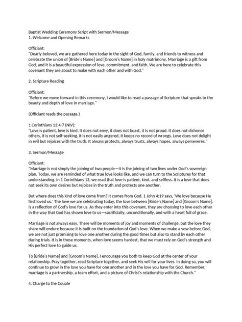 Embrace the Holy Bond: A Heart-Touching Baptist Wedding Ceremony Script Pdf for Your Big Day