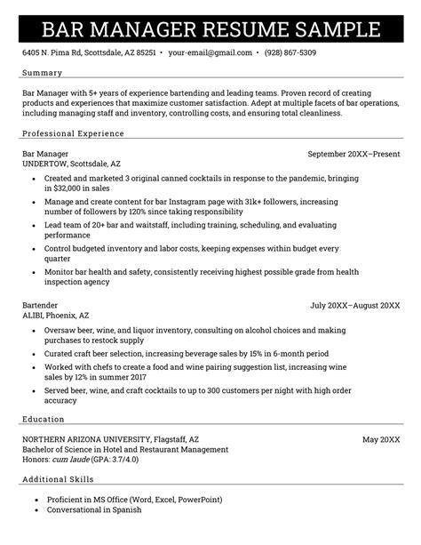 Bar Manager Resume Template