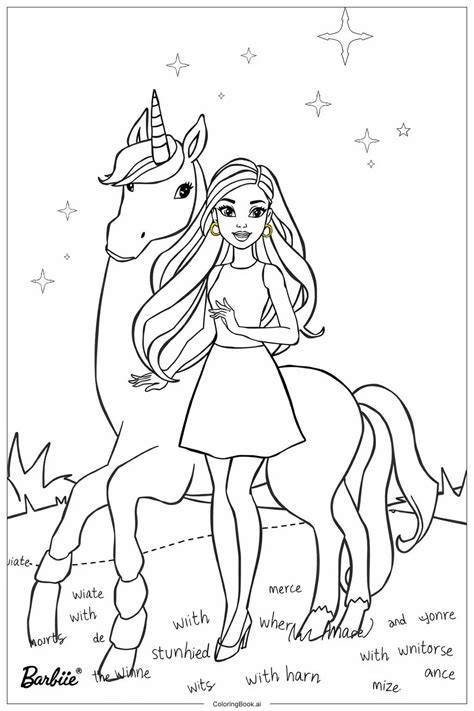 Barbie With Unicorn Coloring Pages