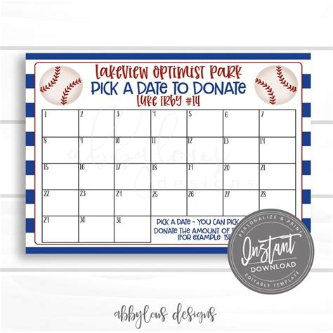 Baseball Fundraiser Calendar