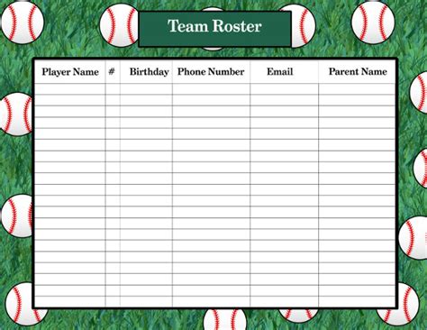 Baseball Game Roster Template