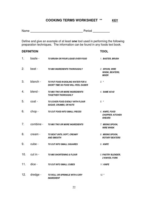 Basic Cooking Terms Worksheet - Worksheet Fun