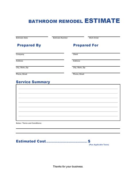 Bathroom Remodel Estimate Template