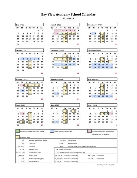 Bayview Academy Calendar