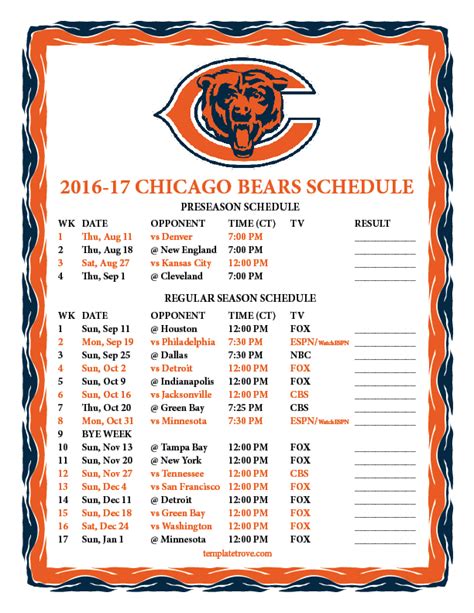 Bears Printable Schedule