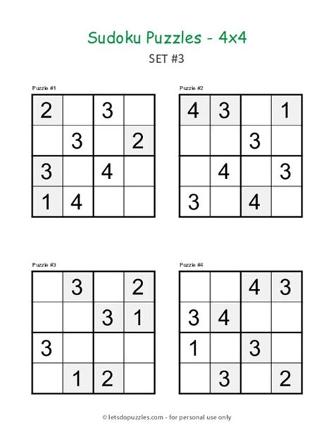 Beginner 4x4 Sudoku Printable