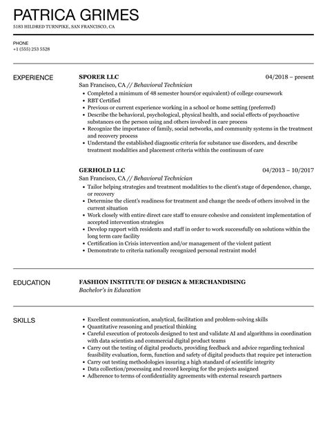 Behavioral Technician Resume Sample