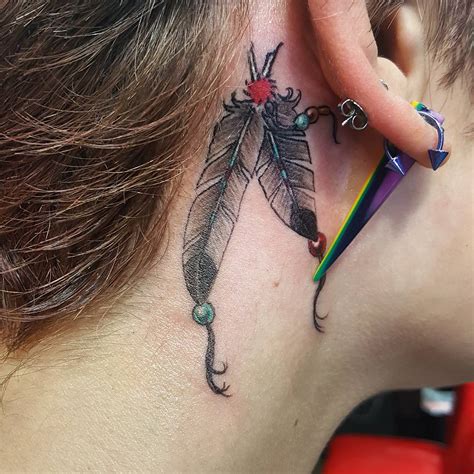 Behind Ear Feather Tattoo