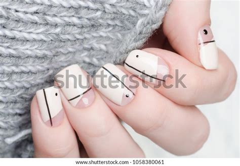 Beige Nude Manicure Geometric Print