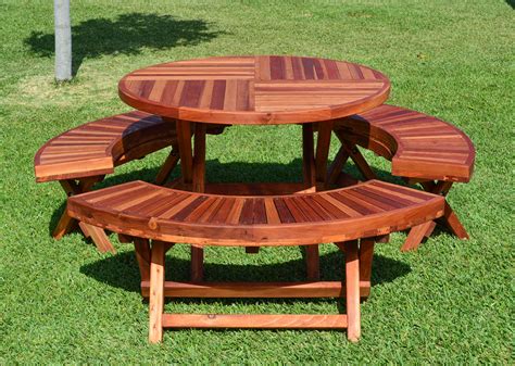 Round Wooden Picnic Table with Attached Benches