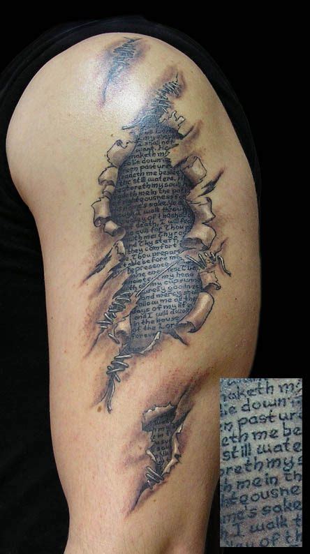 Skin rip, tattoo, bible verse, lettering, under skin