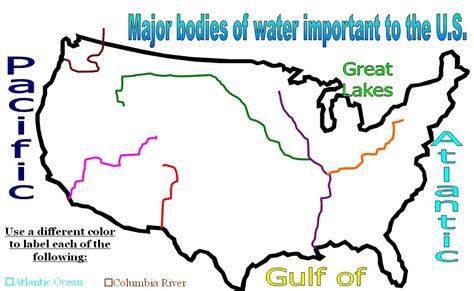 A map of the USA with major water bodies marked