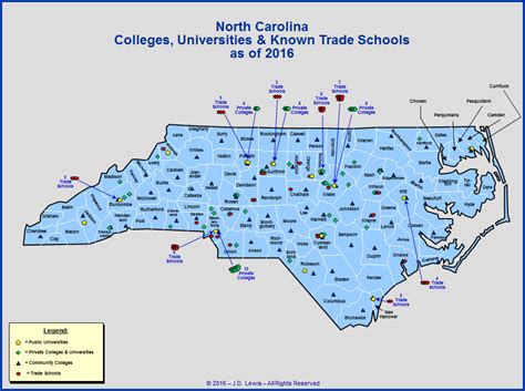 Map of North Carolina showing colleges
