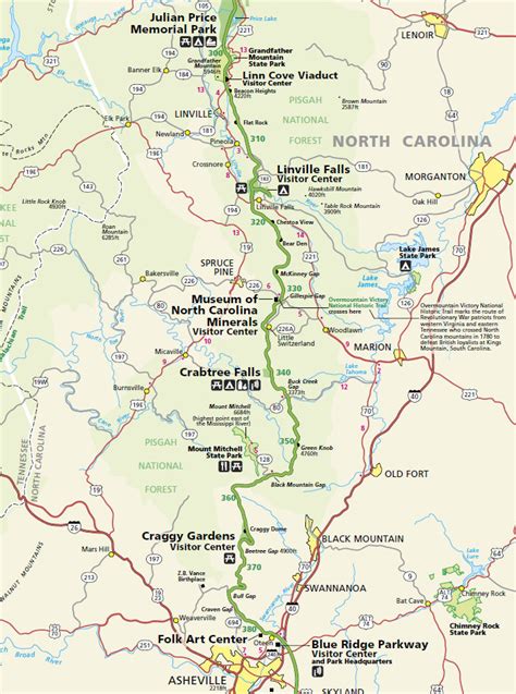A map of North Carolina's Blue Ridge Parkway