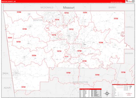 Benton County, IN Zip Code Wall Map Red Line Style by MarketMAPS
