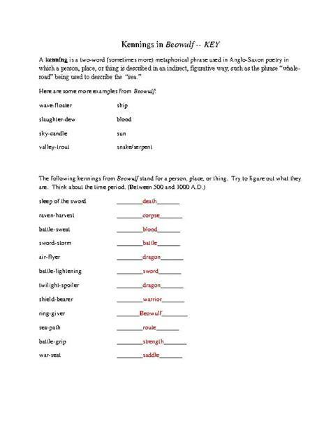 Beowulf Kennings Worksheet Answer Key