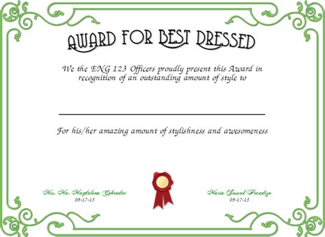 Best Dressed Award Certificates Printable Activity Shelter