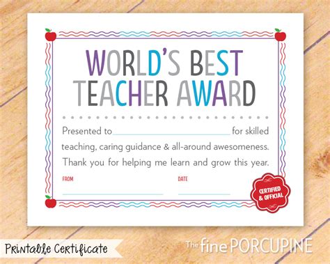 Best Teacher Award Printable