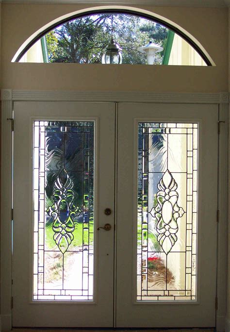 Custom beveled glass door inserts for front entry. Created by Designer Art Glass Daytona Beach