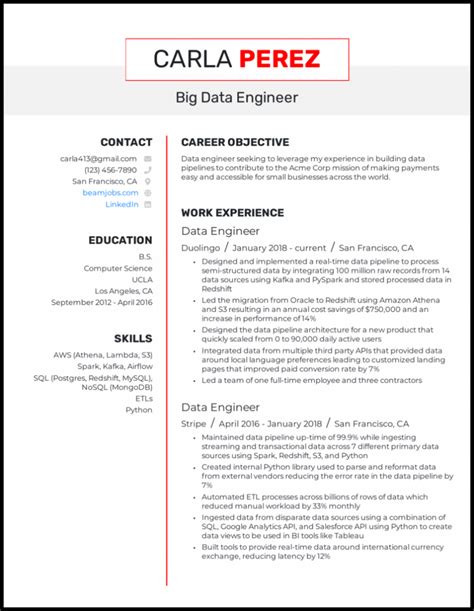 Big Data Engineer Resume Sample